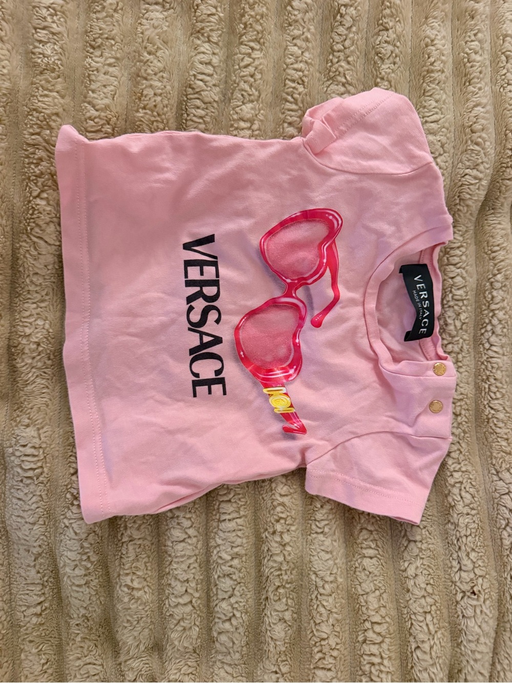Versace Pink Short-Sleeve Logo Tee with Sunglasses Graphic